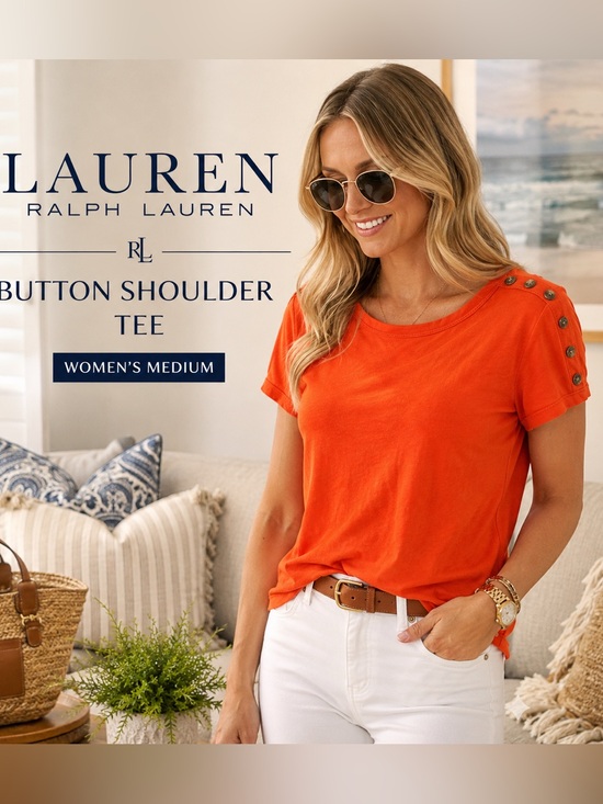 Lauren Ralph Lauren Tops - Lauren Ralph Lauren Orange Cotton Button Shoulder Tee Women’s Medium Preppy